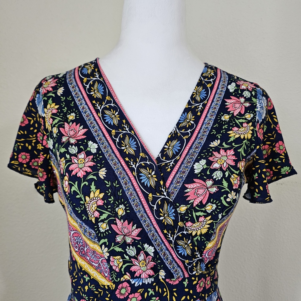 Navy Blue with Multi-color Floral - Wrap Dress - S